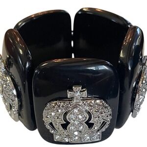 Crown Royal Black Chunky Stretch Cuff Bracelet Silver Rhinestone Statement